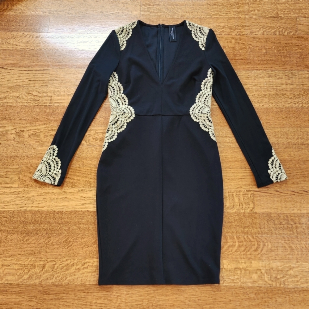 Akira Black Label Black, Long Sleeve Dress, Gold Lace, Sz L